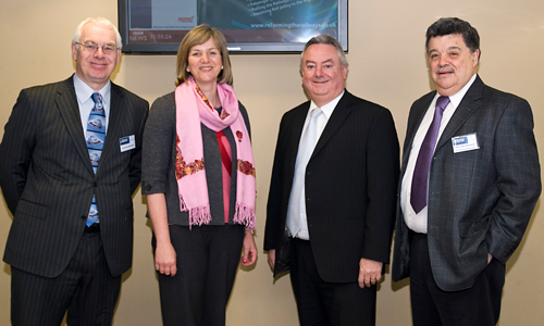 Railway Doctor Paul Salveson, Shadow Rail Minister Lilian Greenwood MP, Vice Chancellor  Professor Bob Cryan and Colin Bamford