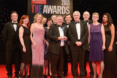 Professor Bob Cryan with other Huddersfield staff members at the presentation of the Times Higher Education magazine's 'University of the Year' Award to the University of Huddersfield.