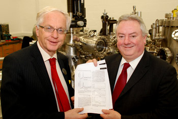 Huddersfield professors Bob Cywinski and Roger Barlow at the 2013 Thorium Energy Conference (ThEC13) in CERN - Professor Barlow is pictured in the University of Huddersfield's International Institute for Accelerator Applications labs with the University's Vice-Chancellor, Professor Bob Cryan.