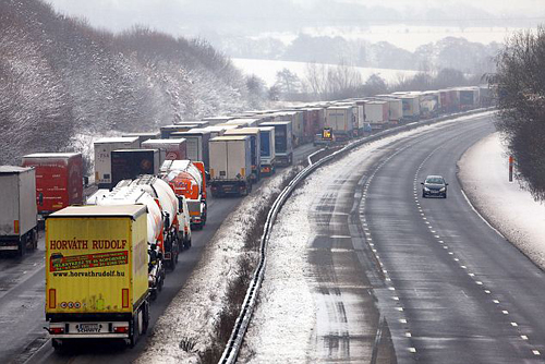 Lorries on the motorway in bad weather