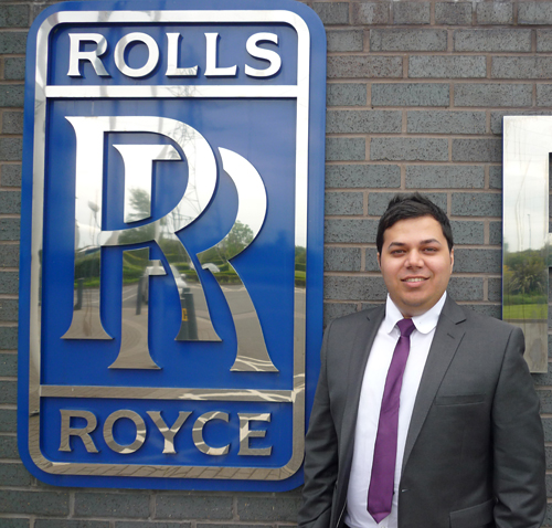 Engineering graduate Aftab Azal outside the Derby branch of Rolls-Royce
