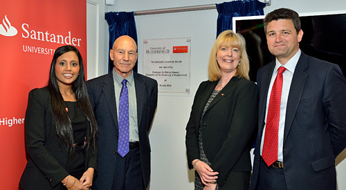 Pictured with Sir Patrick Stewart are Santander representatives (l-r) University Relationship Branch Manager Kiren Sirha, Divisional Managing Director (North-West Yorkshire) Sue Douthwaite and the Director of Santander Universities, Simon Bray.