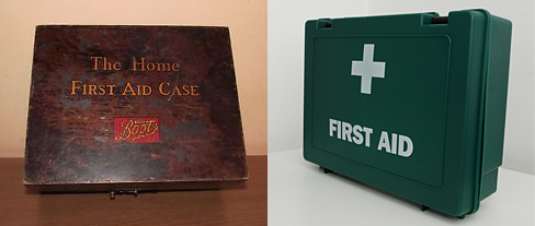 old and modern first aid boxes