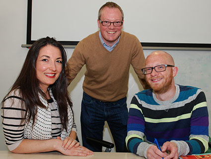 Huddersfield lecturers Dr Jane Lugea and Professor Dan McIntyre are pictured with Ericsson's Subtitling Team Leader Dan Cooper-Gavin