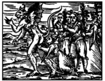 A group of witches giving an obscene kiss to the devil