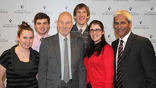 Mahendra (far right) is pictured with exchange students from Pennsylvania’s Wilkes University when the group met the University’s Emeritus Chancellor, actor Sir Patrick Stewart (centre).