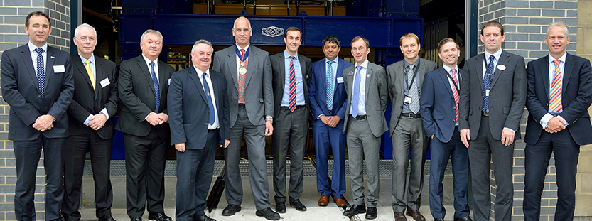 (l-r) David Clarke (RIA), Chris Lawrence (RSSB), Steve Ingelton (Unipart Rail), The University’s Vice-Chancellor Professor Bob Cryan, IMechE Railway Division Chairman Richard East, IRR Assistant Director Dr Paul Allen, Stirling Kimkeran (Omnicom), IRR Director Professor Simon Iwinicki and IRR managers Dr Yann Bezin, Dr Adam Bevan, Julian Stow and Dr Coen Van Gulijk.