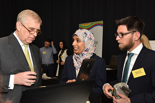 The Duke of York pictured with Jumana Akhtar (centre) and Mubashir Akhtar (right) from the University of Leeds
