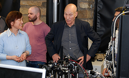 Sir Patrick Stewart with Professor Xiangqian Jiang and Senior Lecturer Dr Haydn Martin