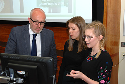 Emma and Chloe with West Yorkshire Police's Crime Prevention Officer Chris Joyce