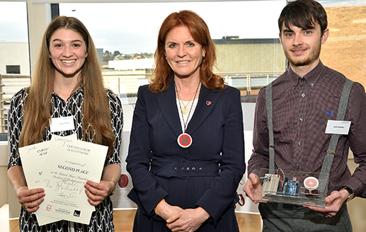 second-placed students Georgina Jenks and Jack Cowley with the Duchess of York